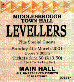 Eintrittskarte, Town Hall, Middlesbrough, 04.03.2001
