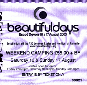 Eintrittskarte, Beautiful Days Festival 2003