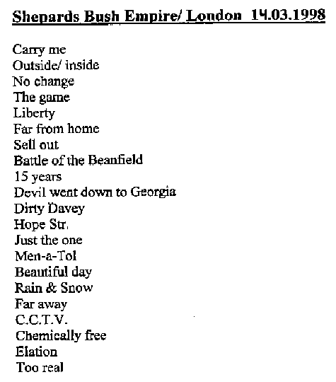 Setlist des Konzerts in London, Sheperds Bush Empire, März 1998